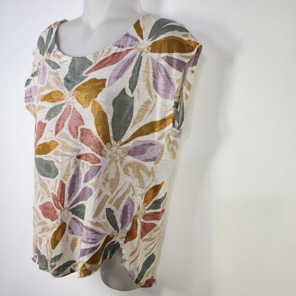 Nicole Miller Top Women's Medium 100% Linen Floral Print Neutral Boho Cap Sleeve - Picture 5 of 8